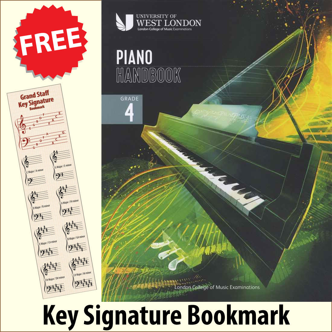 front cover of London College of Music Piano Handbook Grade 4 from 2021 together with free Piano Clef bookmark