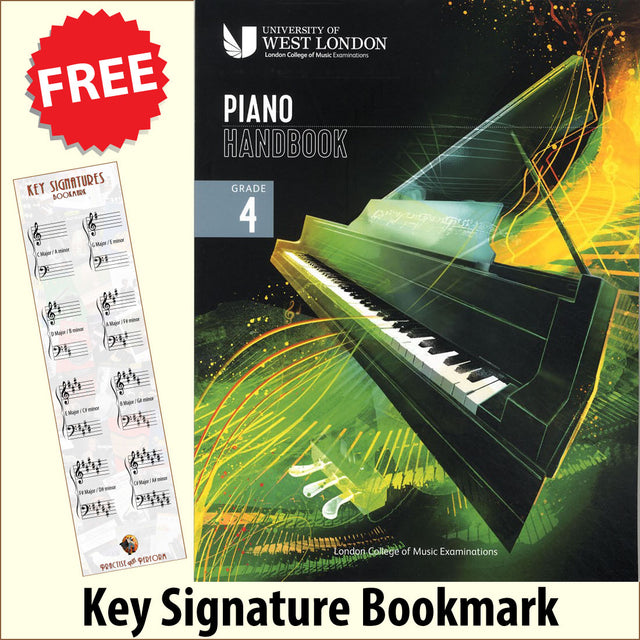 front cover of London College of Music Piano Handbook Grade 4 from 2021 together with free Piano Clef bookmark