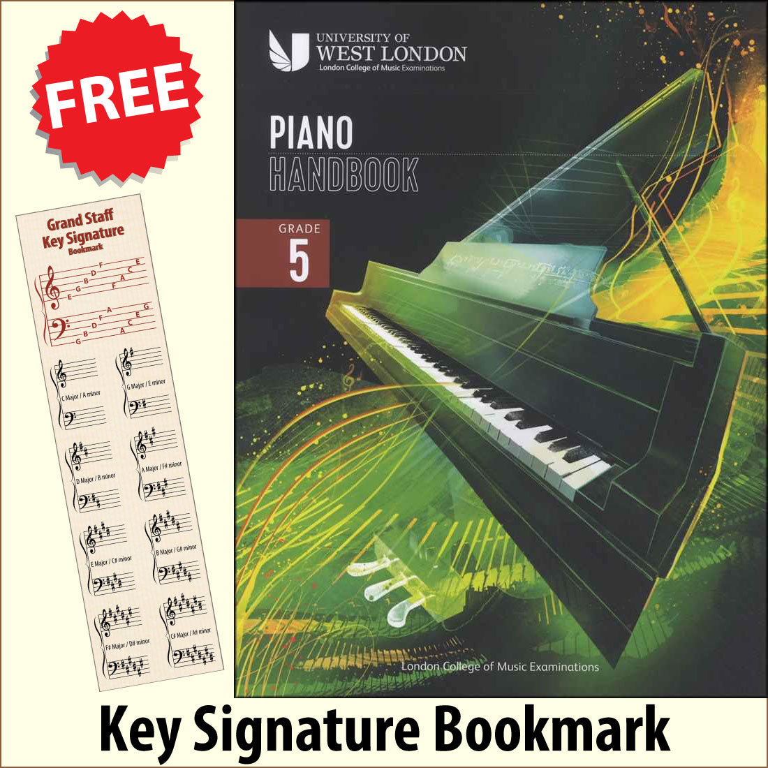 front cover of London College of Music Piano Handbook Grade 5 from 2021 together with free Piano Clef bookmark