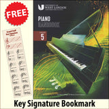 front cover of London College of Music Piano Handbook Grade 5 from 2021 together with free Piano Clef bookmark