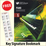 front cover of London College of Music Piano Handbook Grade 5 from 2021 together with free Piano Clef bookmark