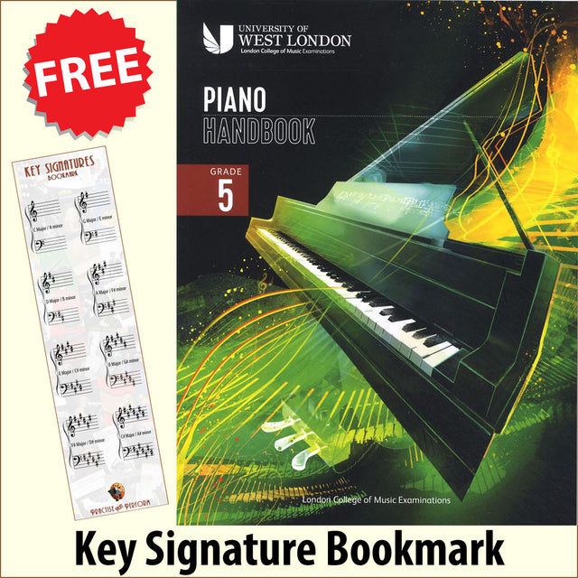 front cover of London College of Music Piano Handbook Grade 5 from 2021 together with free Piano Clef bookmark