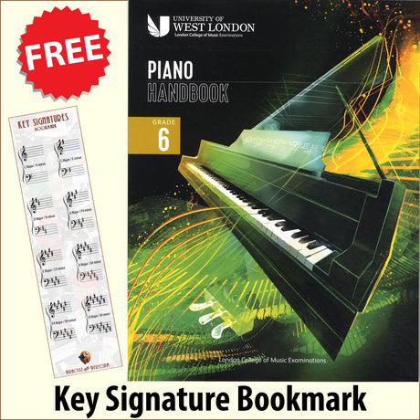 front cover of London College of Music Piano Handbook Grade 6 from 2021 together with free Piano Clef bookmark