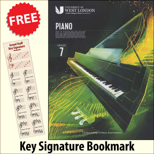 front cover of London College of Music Piano Handbook Grade 7 from 2021 together with free Piano Clef bookmark