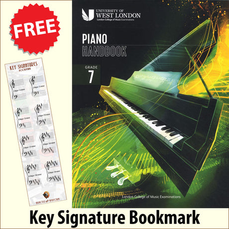 front cover of London College of Music Piano Handbook Grade 7 from 2021 together with free Piano Clef bookmark