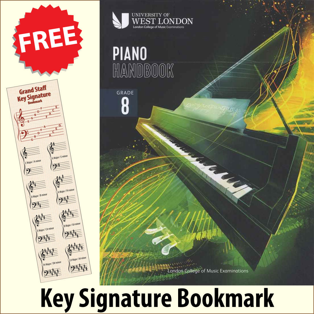 front cover of London College of Music Piano Handbook Grade 8 from 2021 together with free Piano Clef bookmark