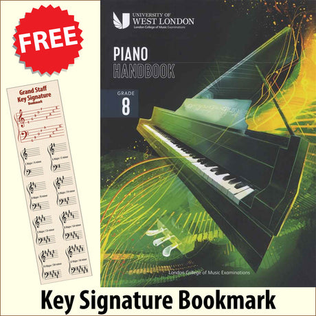 front cover of London College of Music Piano Handbook Grade 8 from 2021 together with free Piano Clef bookmark