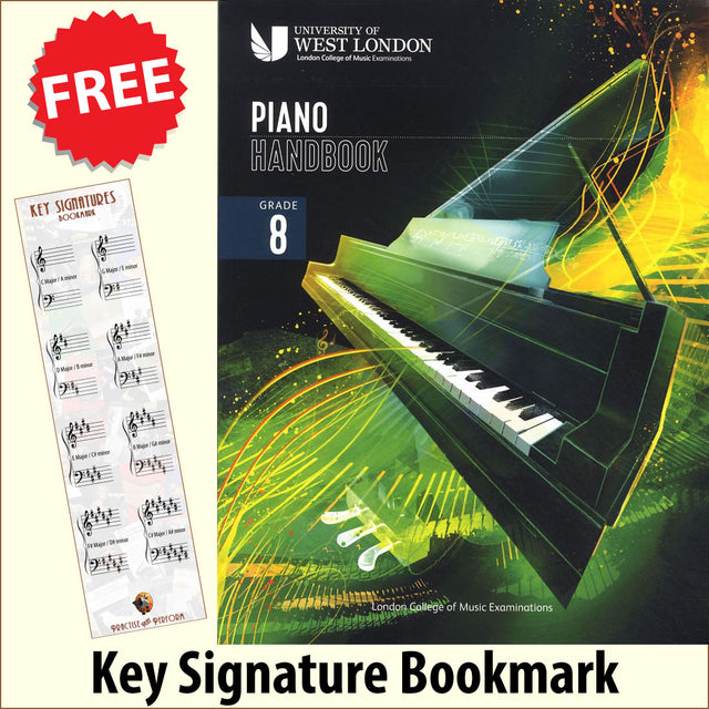 front cover of London College of Music Piano Handbook Grade 8 from 2021 together with free Piano Clef bookmark