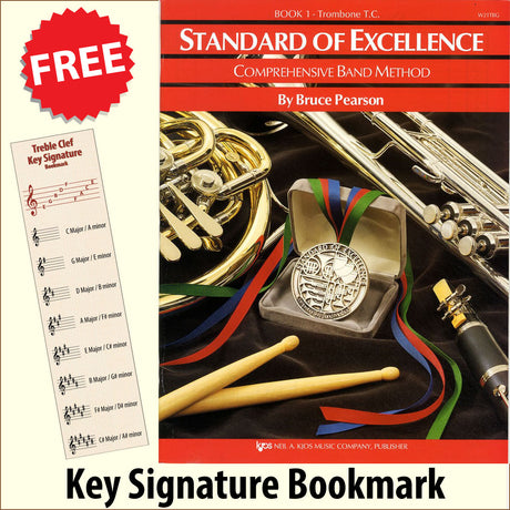 front cover of Standard of Excellence Trombone Treble Clef Book 1 together with free Treble Clef bookmark