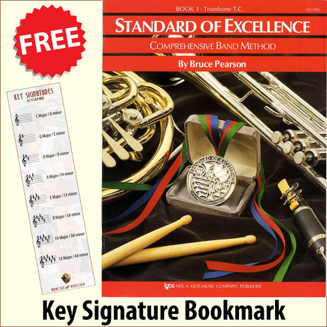 front cover of Standard of Excellence Trombone Treble Clef Book 1 together with free Treble Clef bookmark