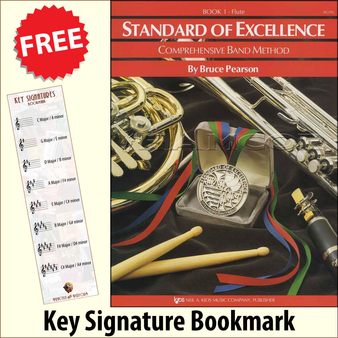 front cover of Standard of Excellence Flute Book 1 together with free Treble Clef bookmark