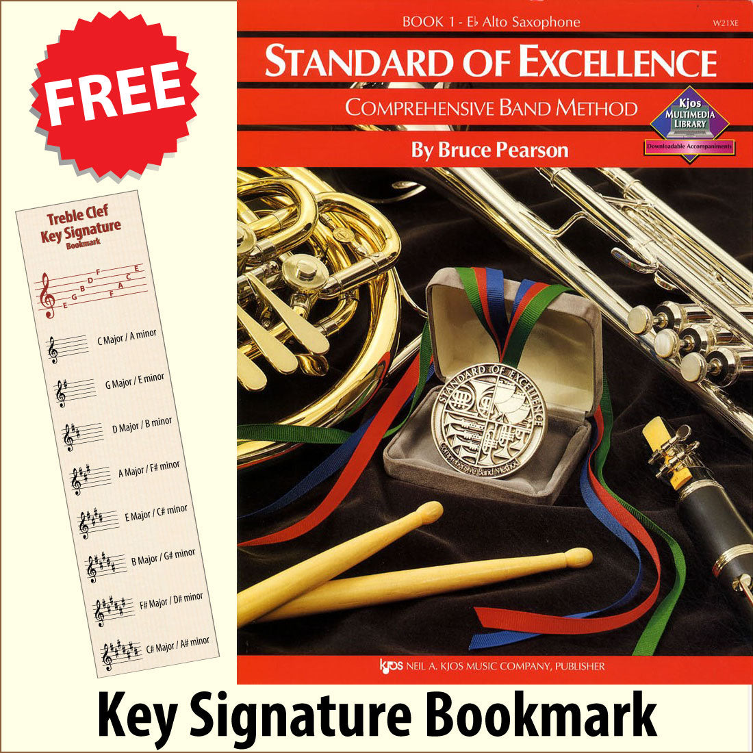 front cover of Standard of Excellence Eb Alto Saxophone Book 1 together with free Treble Clef bookmark