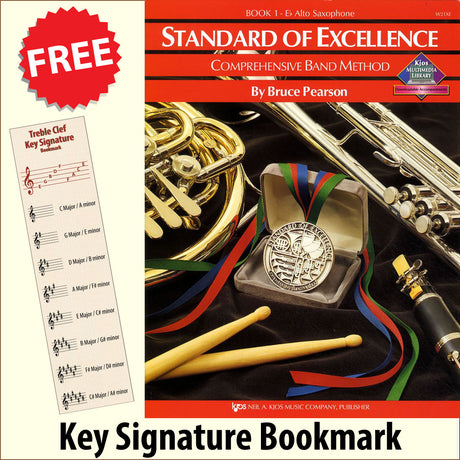 front cover of Standard of Excellence Eb Alto Saxophone Book 1 together with free Treble Clef bookmark