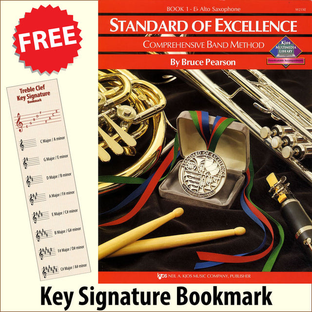 front cover of Standard of Excellence Eb Alto Saxophone Book 1 together with free Treble Clef bookmark