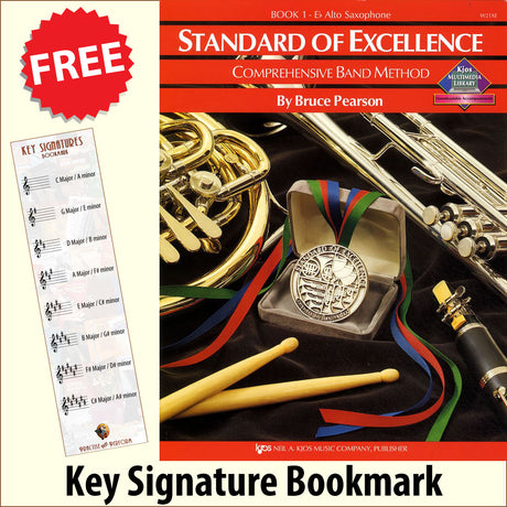 front cover of Standard of Excellence Eb Alto Saxophone Book 1 together with free Treble Clef bookmark