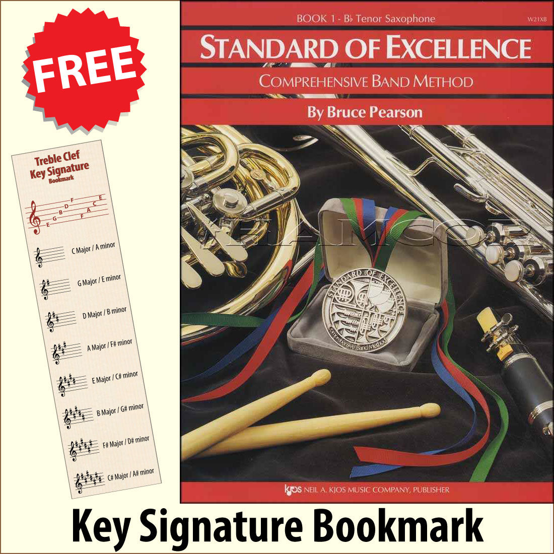 front cover of Standard of Excellence Bb Tenor Saxophone Book 1 together with free Treble Clef bookmark