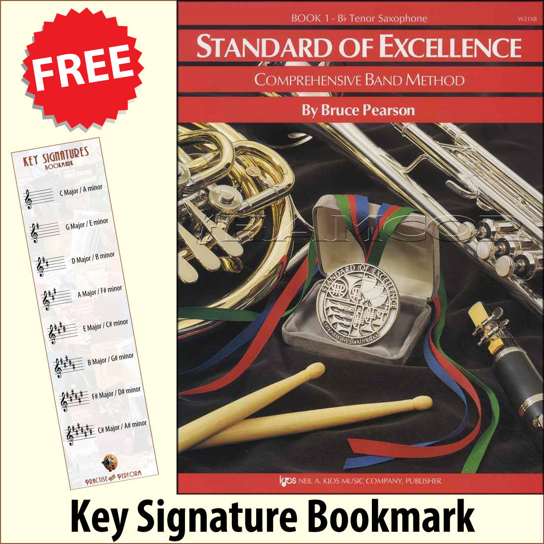 front cover of Standard of Excellence Bb Tenor Saxophone Book 1 together with free Treble Clef bookmark