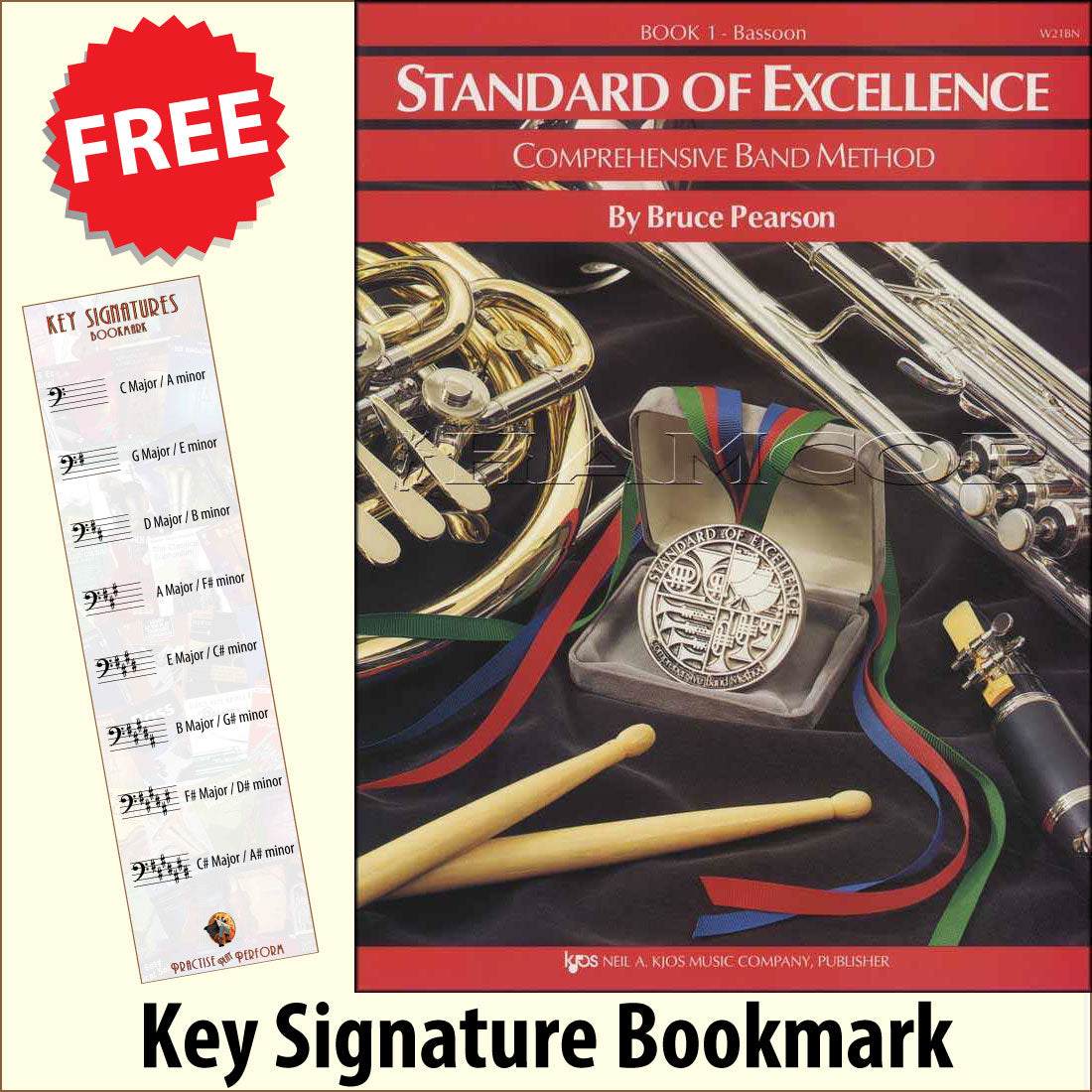 front cover of Standard of Excellence Bassoon Book 1 together with free Bass Glef bookmark