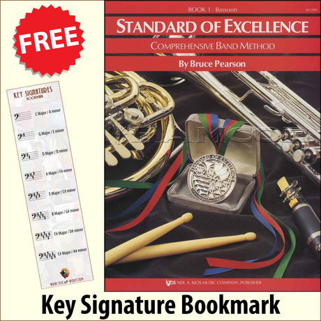 front cover of Standard of Excellence Bassoon Book 1 together with free Bass Glef bookmark