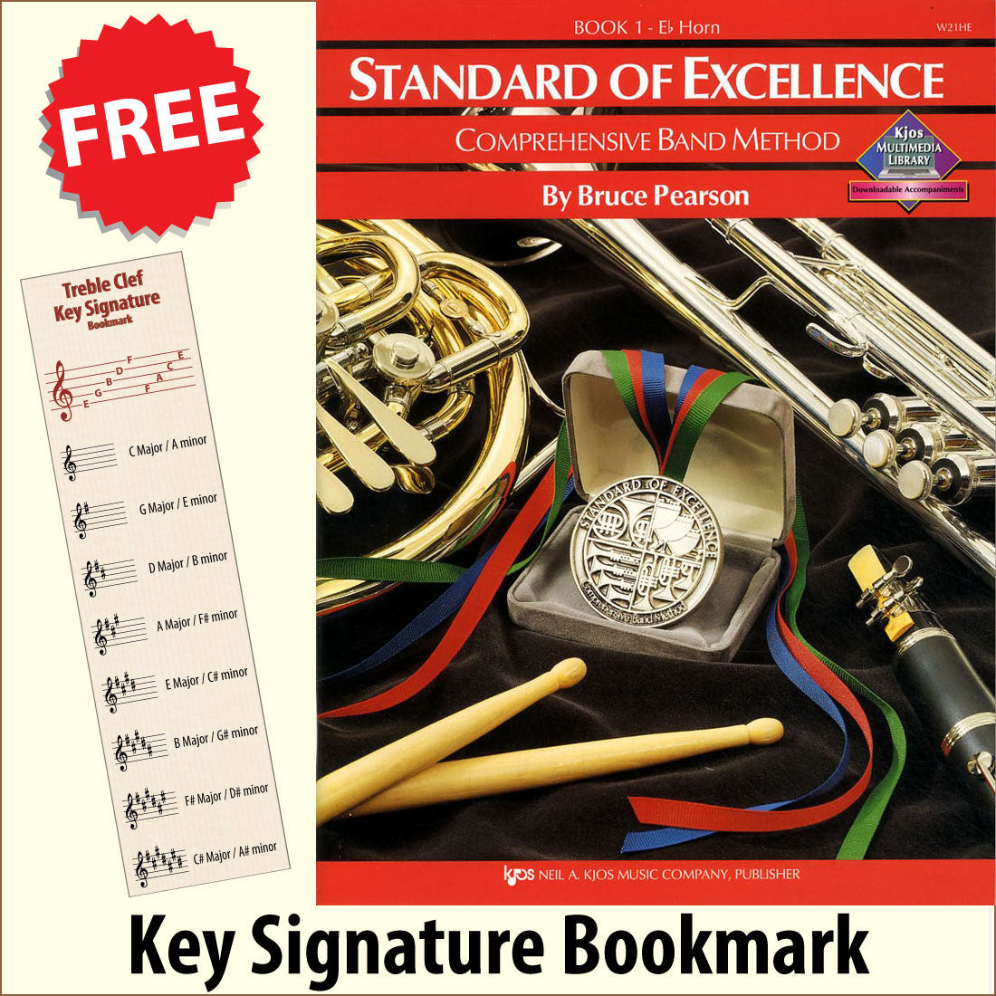 front cover of Standard of Excellence Eb Horn Book 1 together with free Treble Clef bookmark