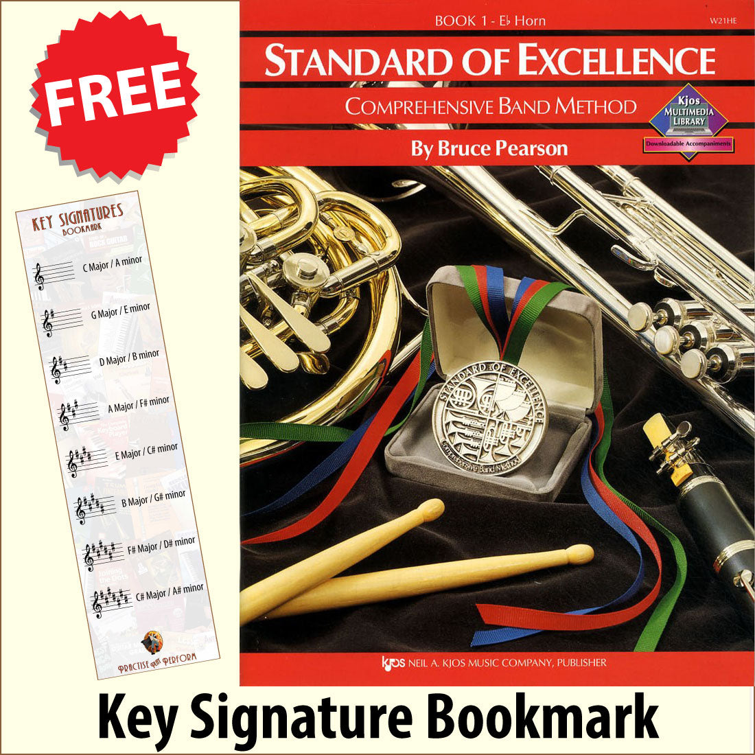 front cover of Standard of Excellence Eb Horn Book 1 together with free Treble Clef bookmark