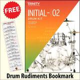 front cover of Trinity College London Drum Kit Initial-Grade 2 from 2020 together with free Drum Rudiments bookmark