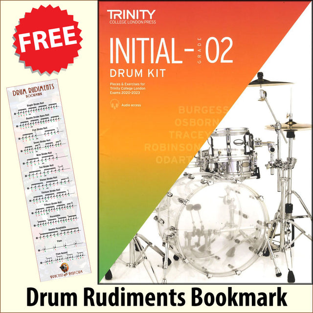 front cover of Trinity College London Drum Kit Initial-Grade 2 from 2020 together with free Drum Rudiments bookmark