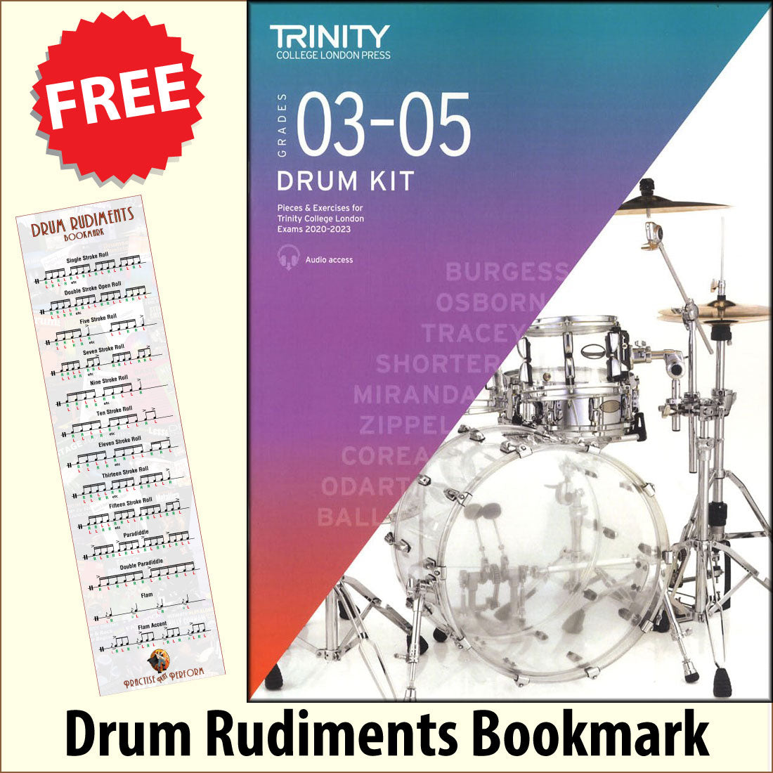 front cover of Trinity College London Drum Kit Grades 3-5 from 2020 together with free Drum Rudiments bookmark