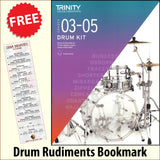 front cover of Trinity College London Drum Kit Grades 3-5 from 2020 together with free Drum Rudiments bookmark