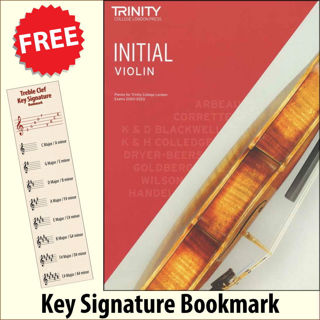 front cover of Trinity College London Violin Initial (inc Piano) from 2020 together with free Treble Clef bookmark