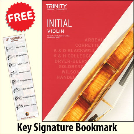 front cover of Trinity College London Violin Initial (inc Piano) from 2020 together with free Treble Clef bookmark