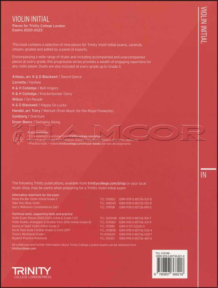 back cover of Trinity College London Violin Initial (inc Piano) from 2020