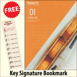 front cover of Trinity College London Violin Grade 1 (inc Piano) from 2020 together with free Treble Clef bookmark