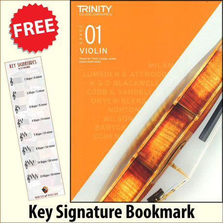 front cover of Trinity College London Violin Grade 1 (inc Piano) from 2020 together with free Treble Clef bookmark