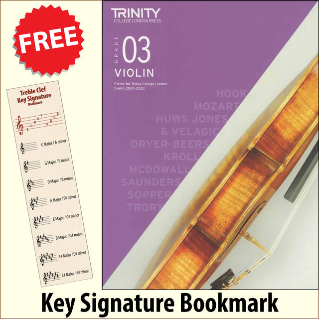 front cover of Trinity College London Violin Grade 3 (inc Piano) from 2020 together with free Treble Clef bookmark