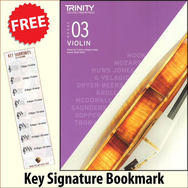 front cover of Trinity College London Violin Grade 3 (inc Piano) from 2020 together with free Treble Clef bookmark