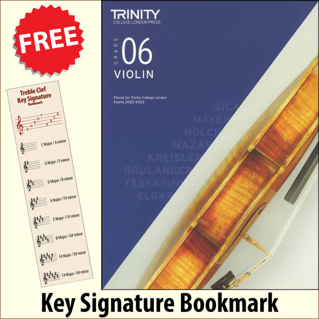 front cover of Trinity College London Violin Grade 6 (inc Piano) from 2020 together with free Treble Clef bookmark