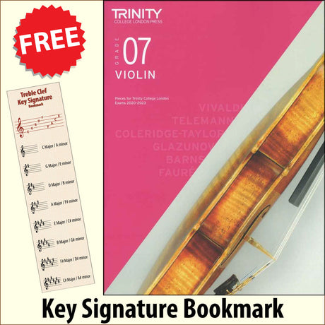 front cover of Trinity College London Violin Grade 7 (inc Piano) from 2020 together with free Treble Clef bookmark