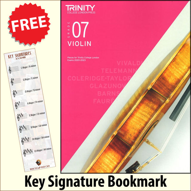 front cover of Trinity College London Violin Grade 7 (inc Piano) from 2020 together with free Treble Clef bookmark