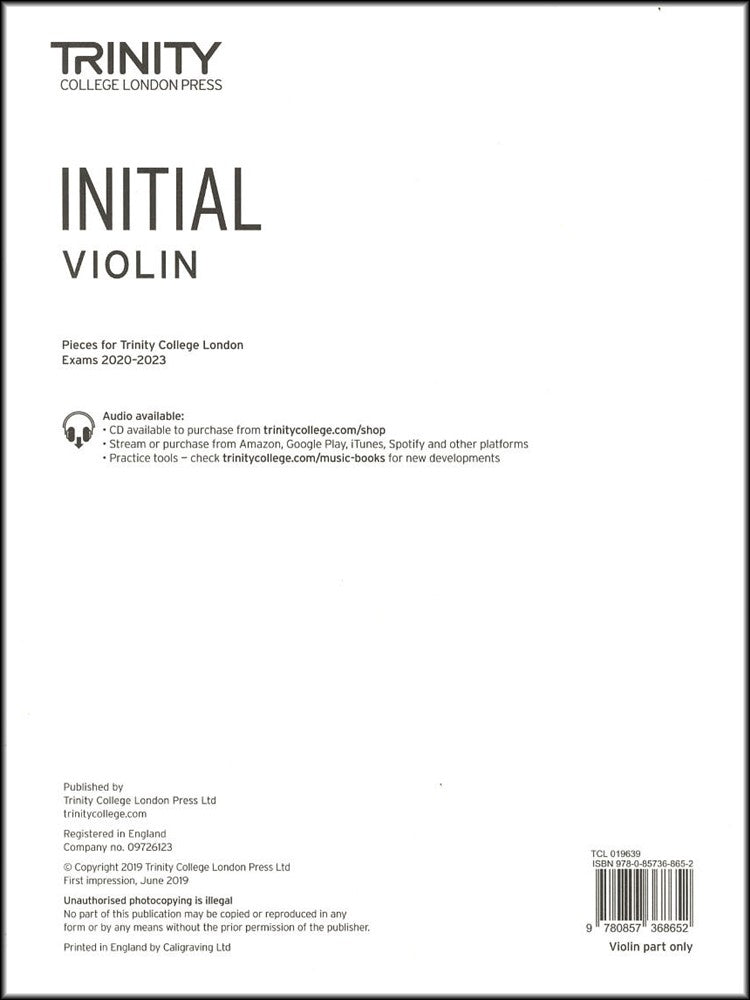 front cover of Trinity College London Violin Initial (Part only) from 2020