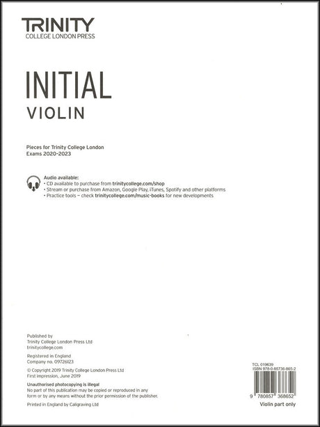 front cover of Trinity College London Violin Initial (Part only) from 2020