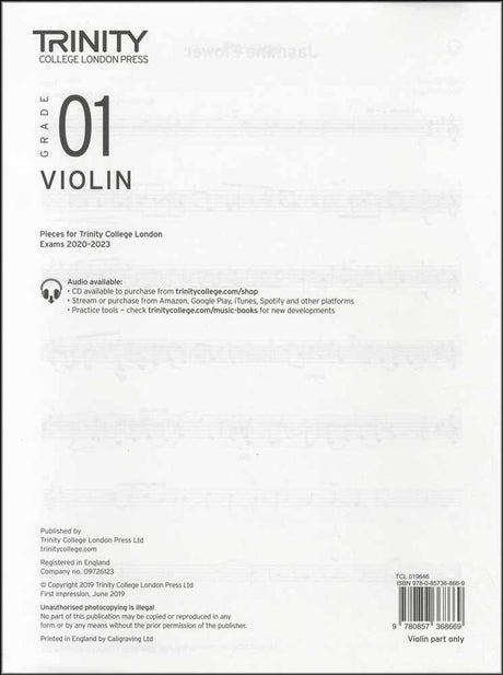 front cover of Trinity College London Violin Grade 1 (Part only) from 2020