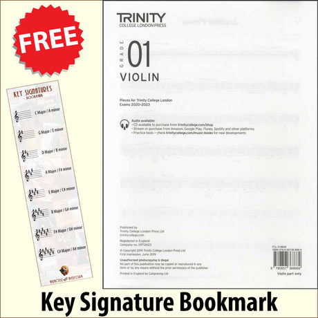 front cover of Trinity College London Violin Grade 1 (Part only) from 2020 together with free Treble Clef bookmark