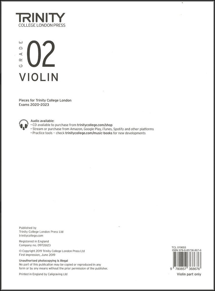 front cover of Trinity College London Violin Grade 2 (Part only) from 2020