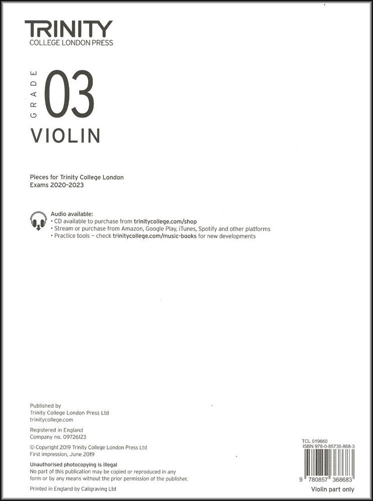 front cover of Trinity College London Violin Grade 3 (Part only) from 2020