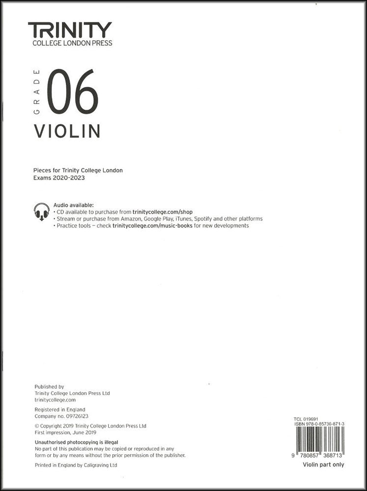 front cover of Trinity College London Violin Grade 6 (Part only) from 2020