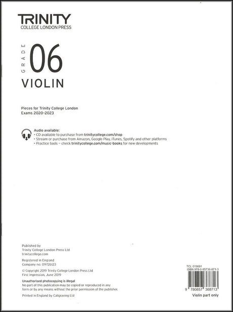 front cover of Trinity College London Violin Grade 6 (Part only) from 2020