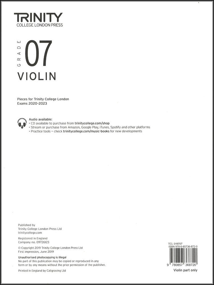 front cover of Trinity College London Violin Grade 7 (Part only) from 2020