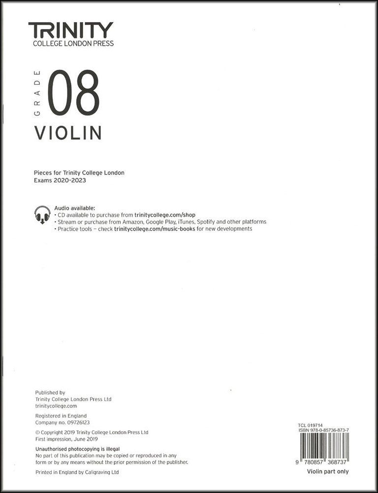 front cover of Trinity College London Violin Grade 8 (Part only) from 2020