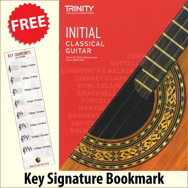 front cover of Trinity College London Classical Guitar Initial from 2020 together with free Treble Clef bookmark